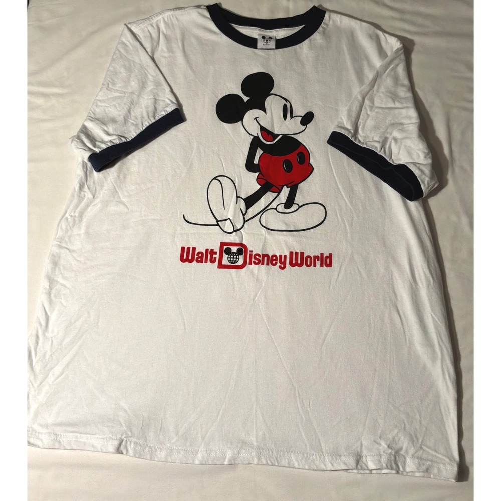 Disney World Mickey Mouse Ringer T-Shirt Mens XL White Navy Blue Retro Graphic